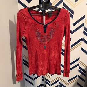 ONE WORLD Red and Black Embroidered Long Sleeve Top